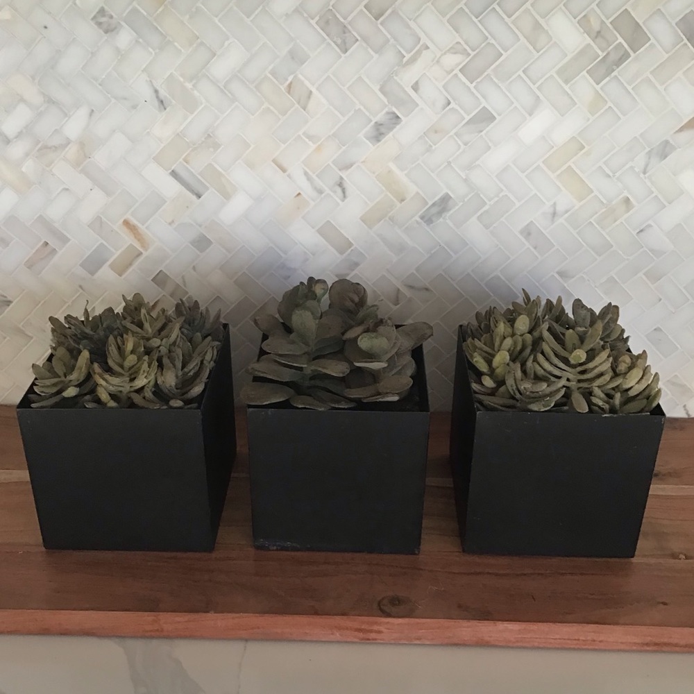 Three Faux Succulents In Distressed Metal Planters